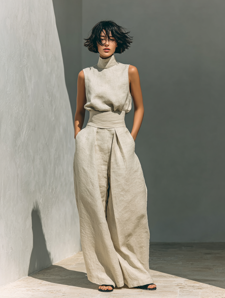 Conjunto Lino Beige de Top y Pantalón Ancho