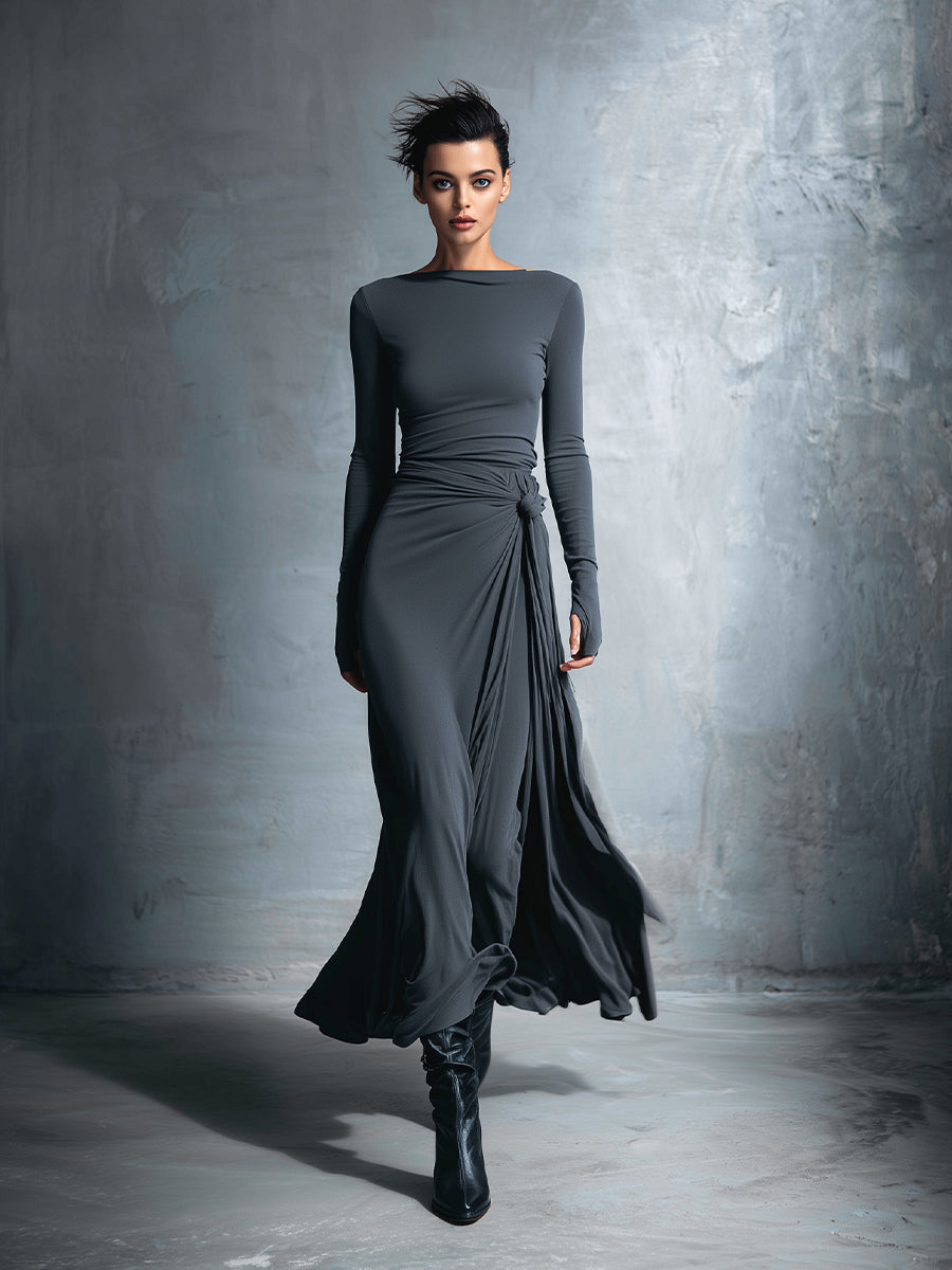 Vestido Cruzado Gris con Nudo
