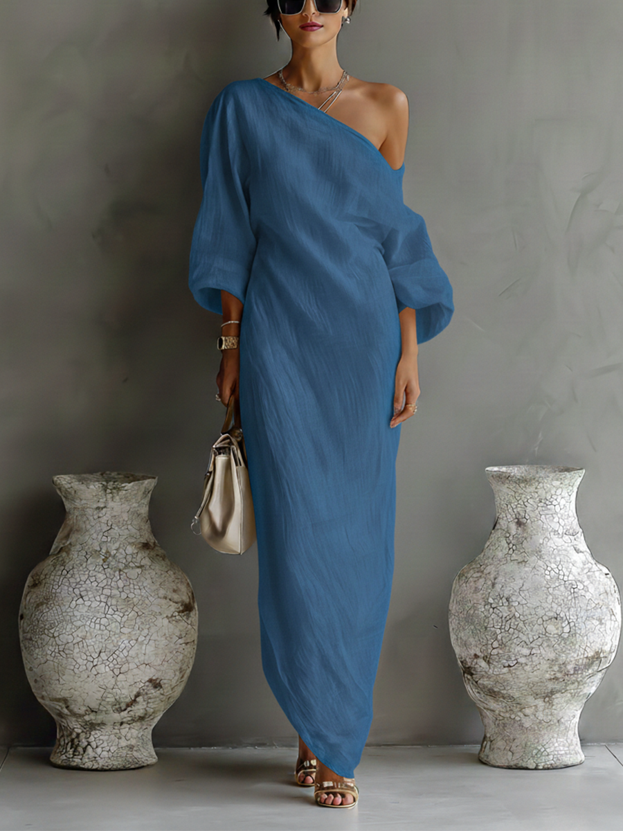 Vestido Marfil Drapeado de Un Hombro — Azul