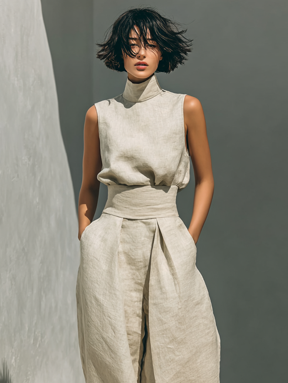 Conjunto Lino Beige de Top y Pantalón Ancho