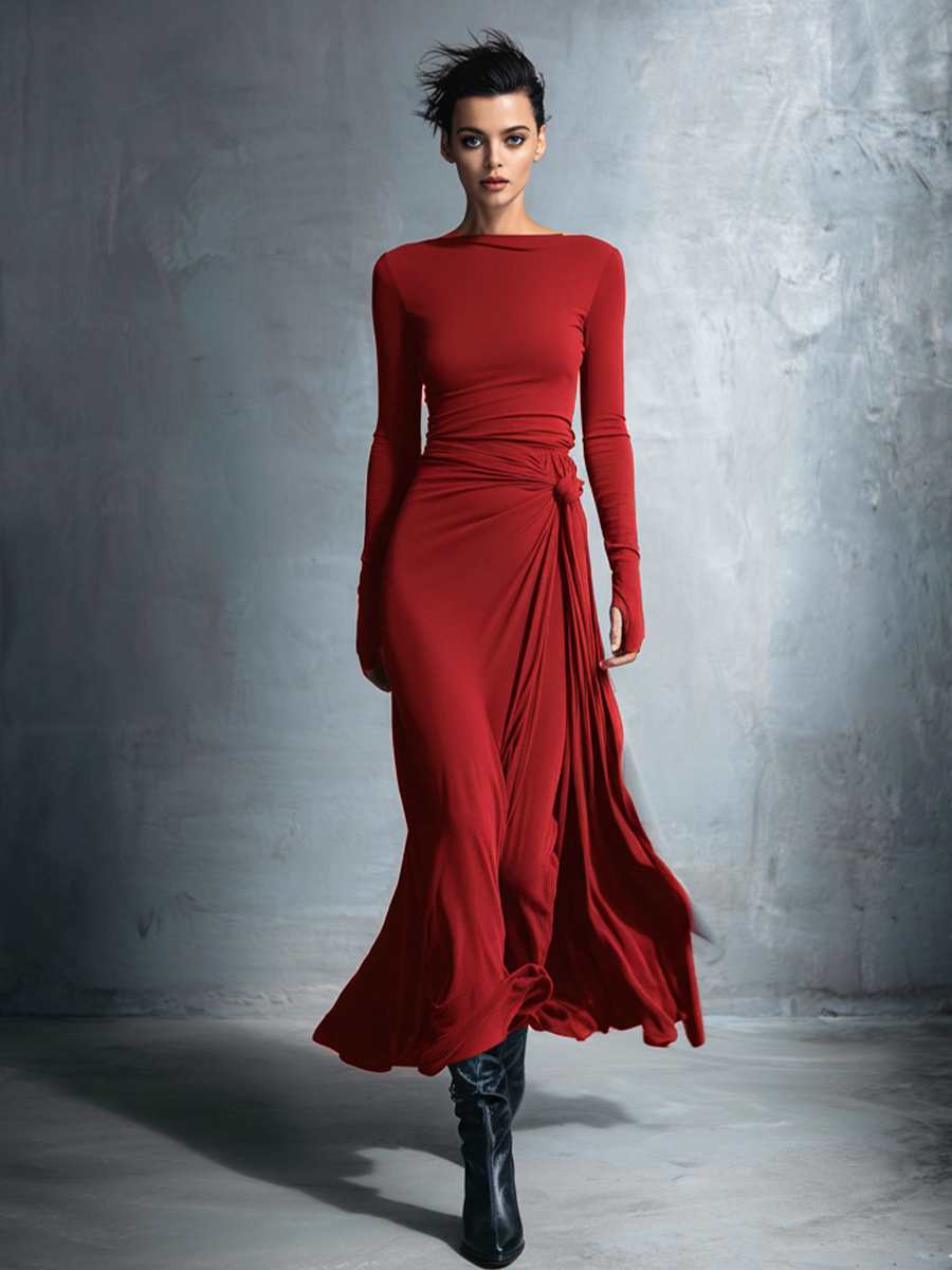 Vestido Cruzado Gris con Nudo — Burdeos