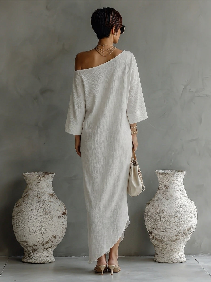 Vestido Marfil Drapeado de Un Hombro