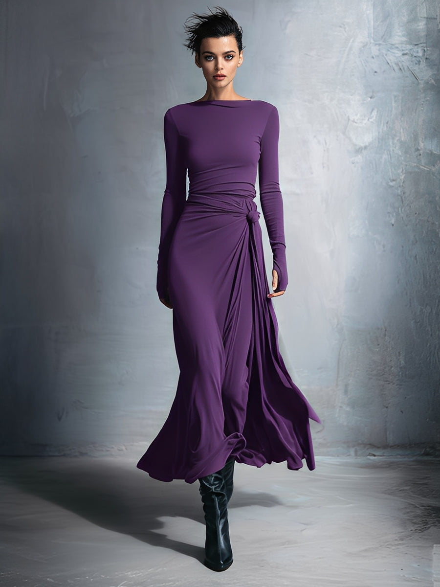 Vestido Cruzado Gris con Nudo — Morado