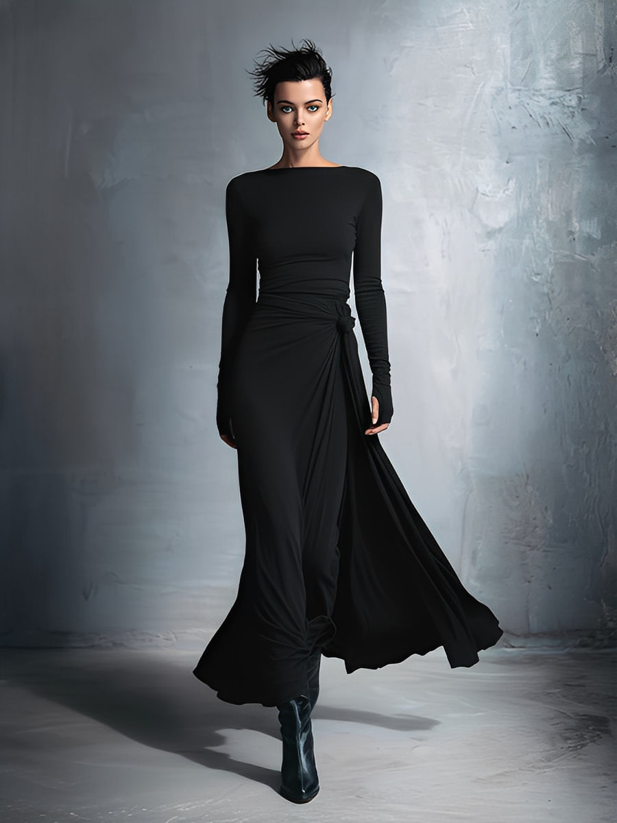 Vestido Cruzado Gris con Nudo — Negro
