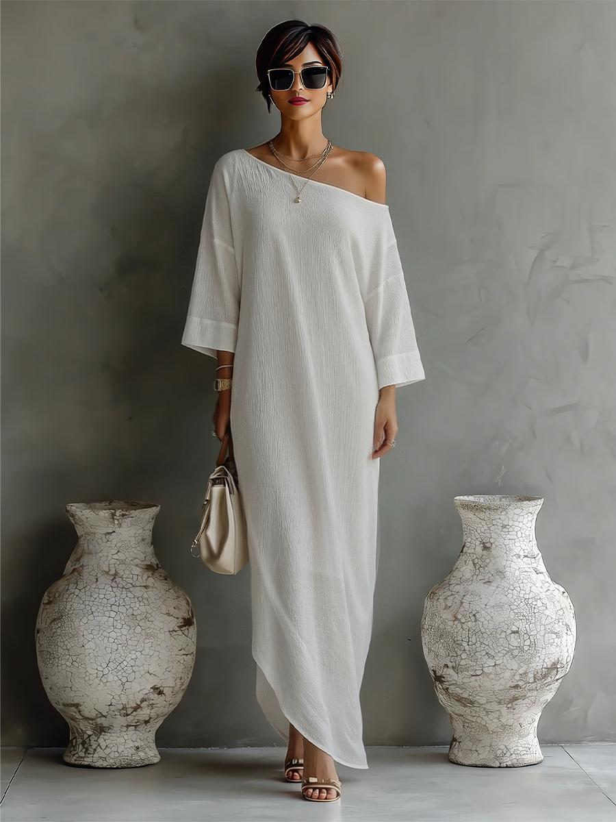 Vestido Marfil Drapeado de Un Hombro