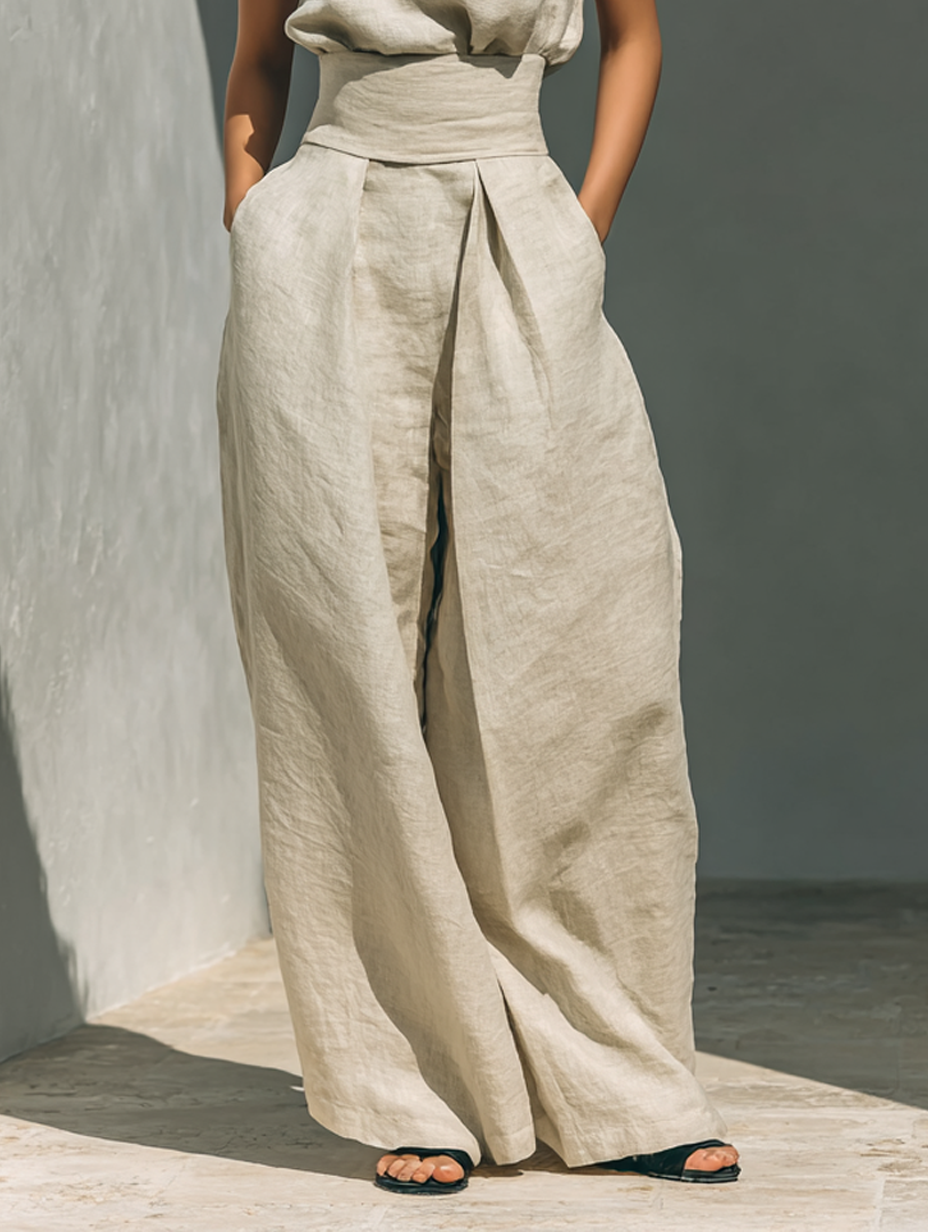 Conjunto Lino Beige de Top y Pantalón Ancho