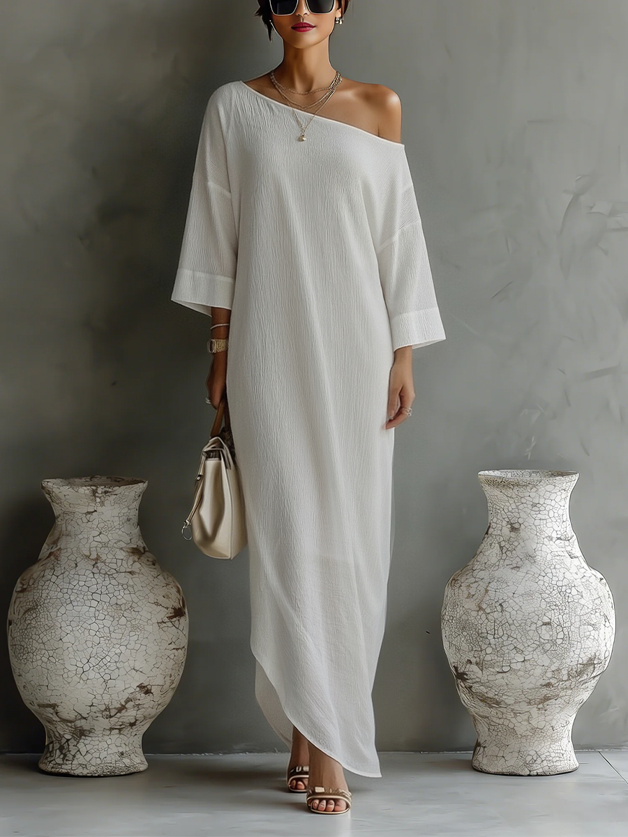 Vestido Marfil Drapeado de Un Hombro — Marfil
