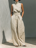 Conjunto Lino Beige de Top y Pantalón Ancho