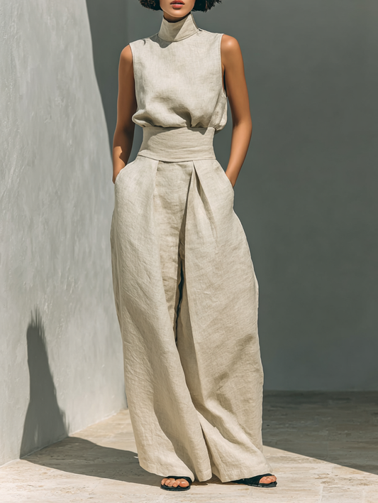 Conjunto Lino Beige de Top y Pantalón Ancho — Beige