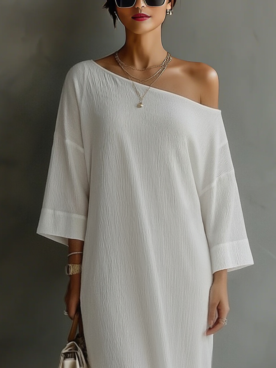 Vestido Marfil Drapeado de Un Hombro