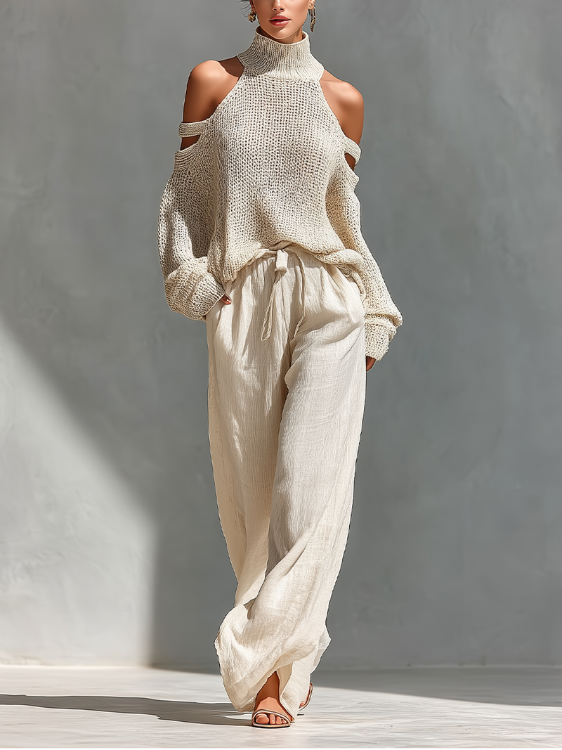 Conjunto Blusa Estampada y Pantalón Beige