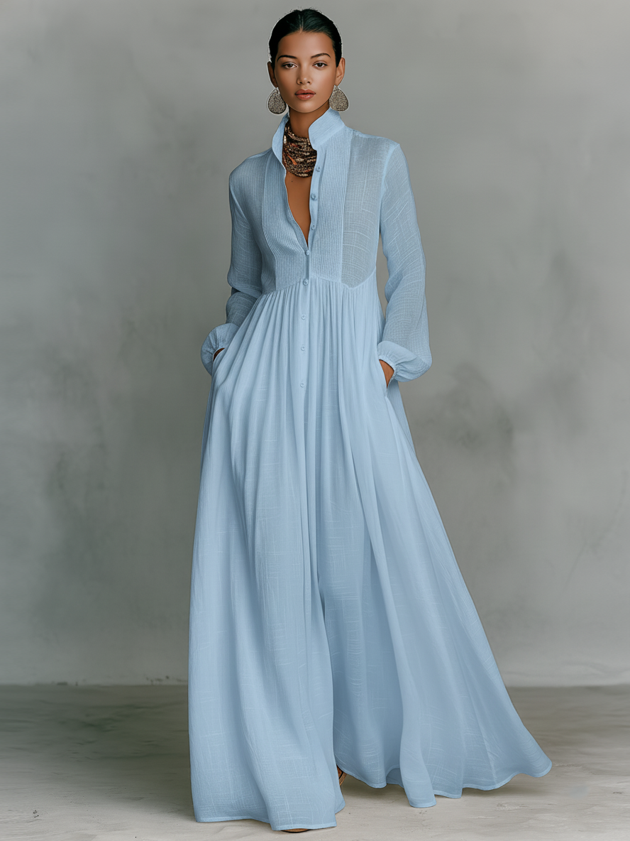 Vestido Camisero Maxi Blanco — Azul