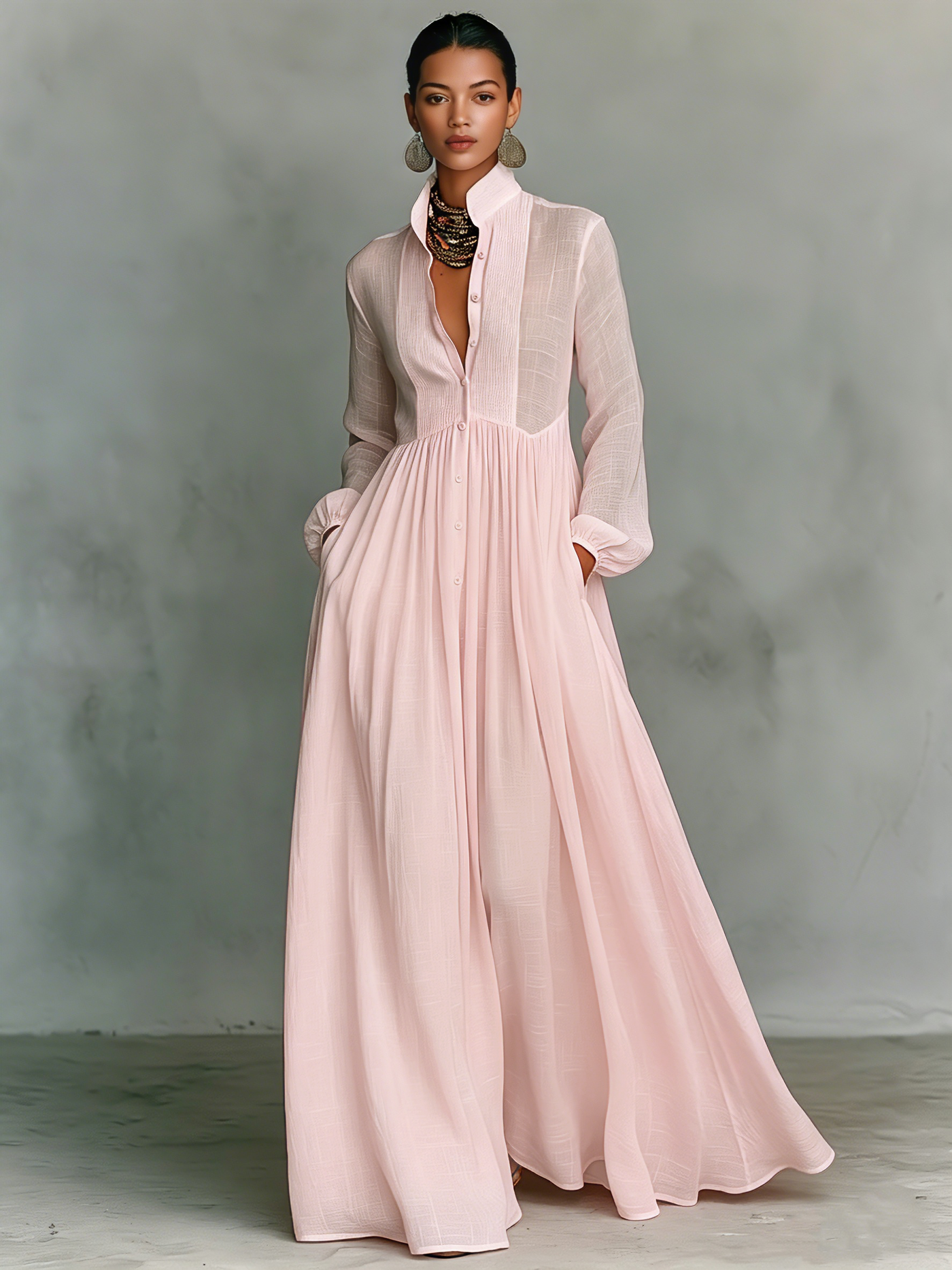 Vestido Camisero Maxi Blanco — Rosa claro