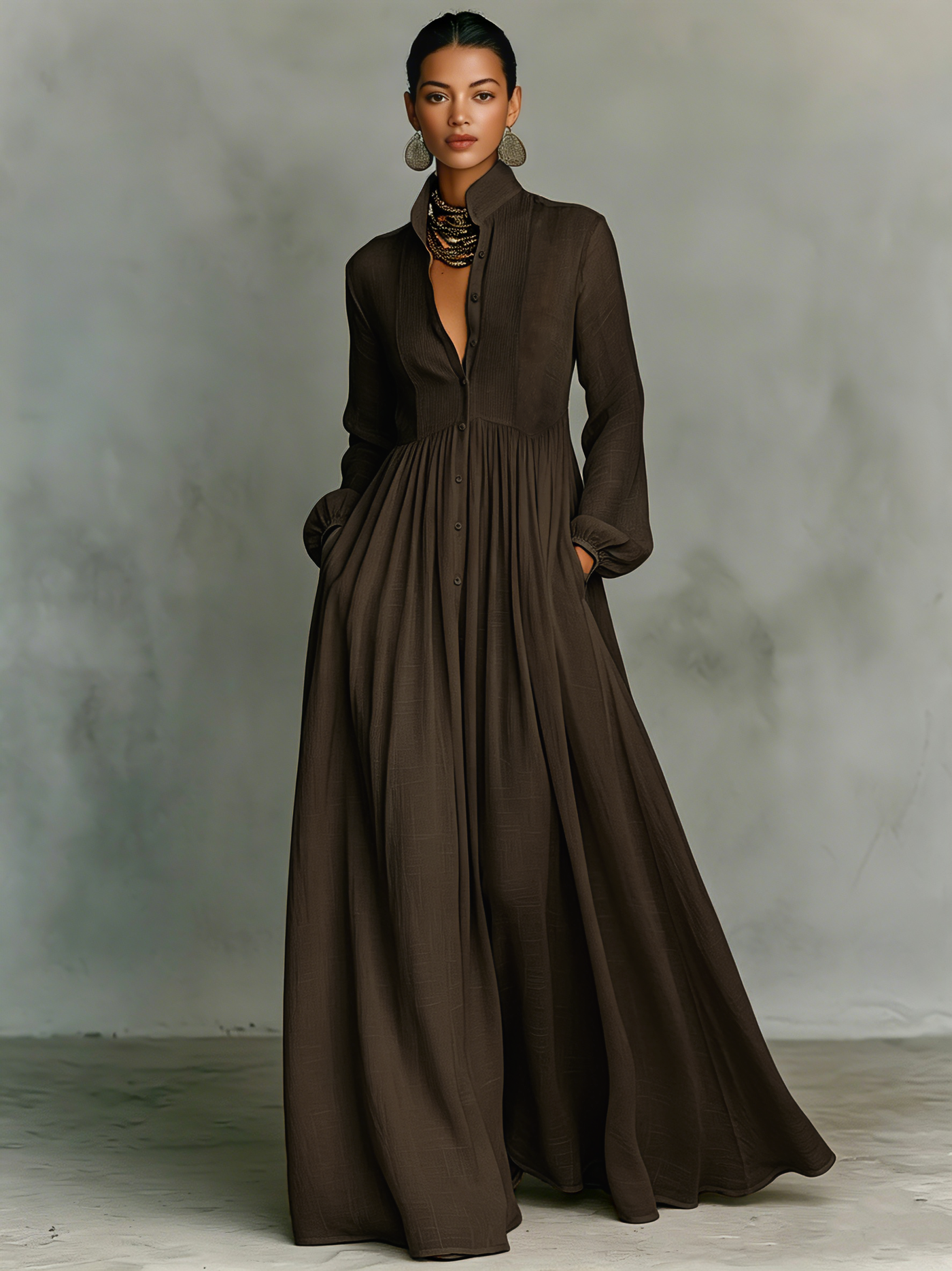Vestido Camisero Maxi Blanco — Marrón