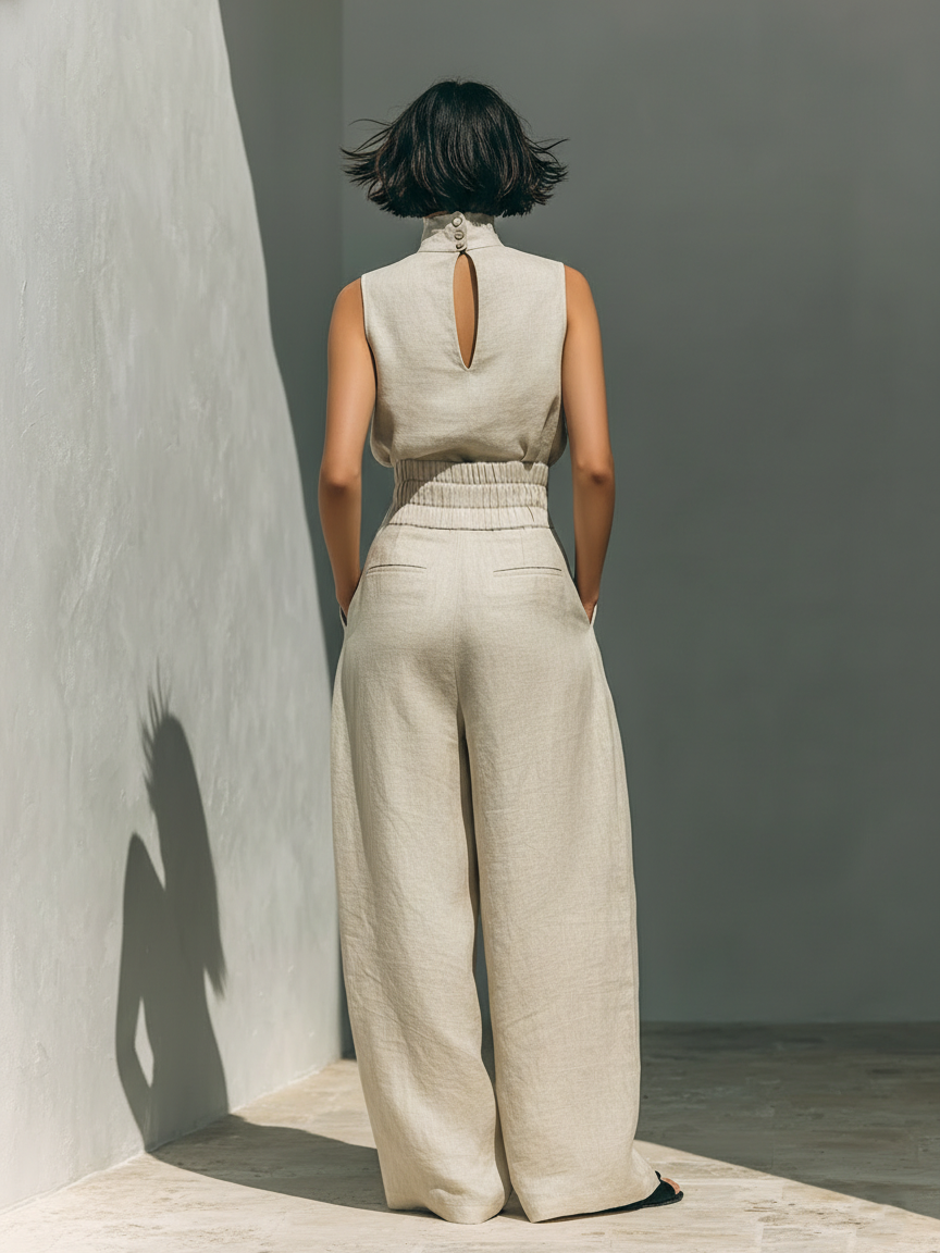 Conjunto Lino Beige de Top y Pantalón Ancho