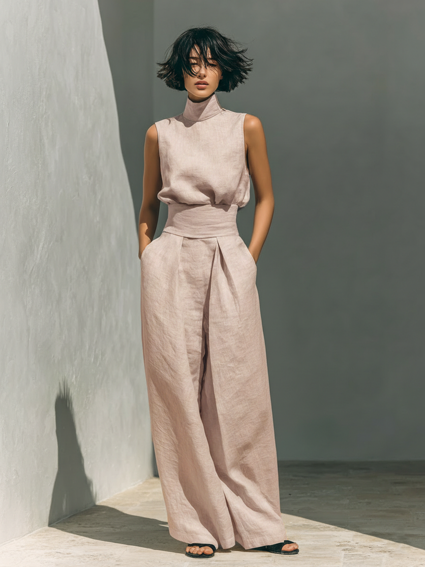 Conjunto Lino Beige de Top y Pantalón Ancho — Rosa claro