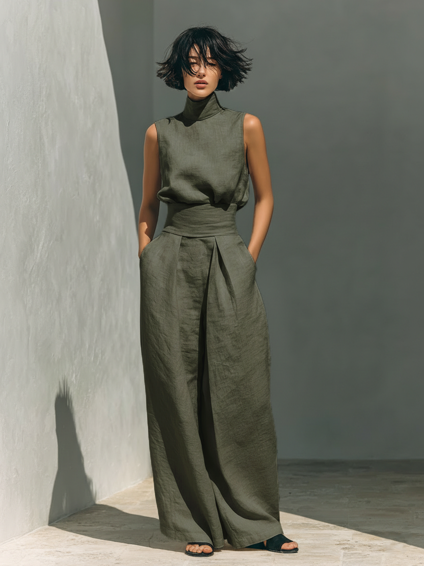 Conjunto Lino Beige de Top y Pantalón Ancho — Verde militar