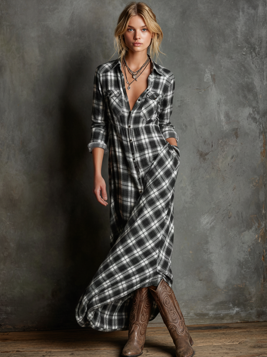 Vestido Maxi de Cuadros Verde — Negro