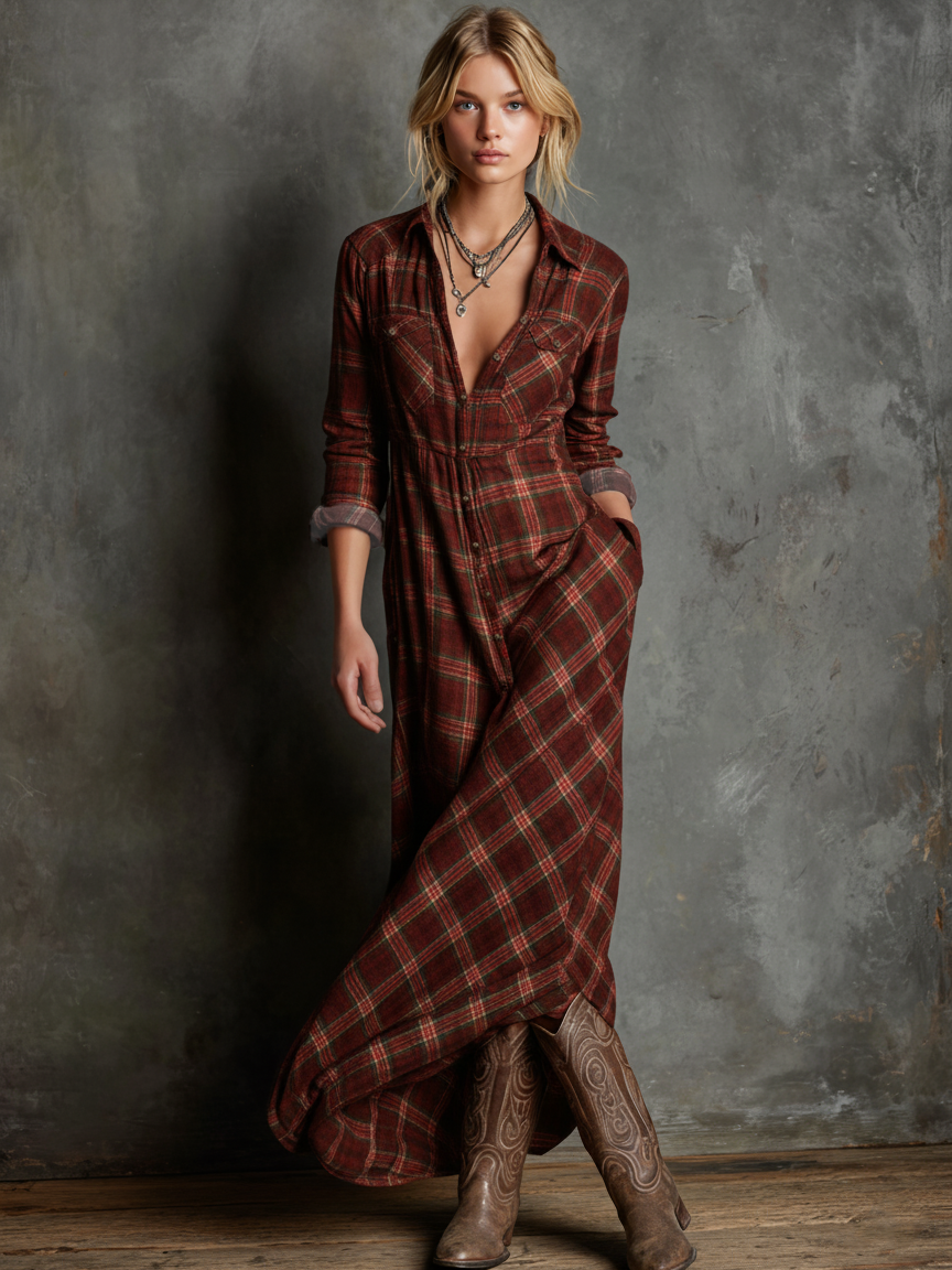 Vestido Maxi de Cuadros Verde — Rojo