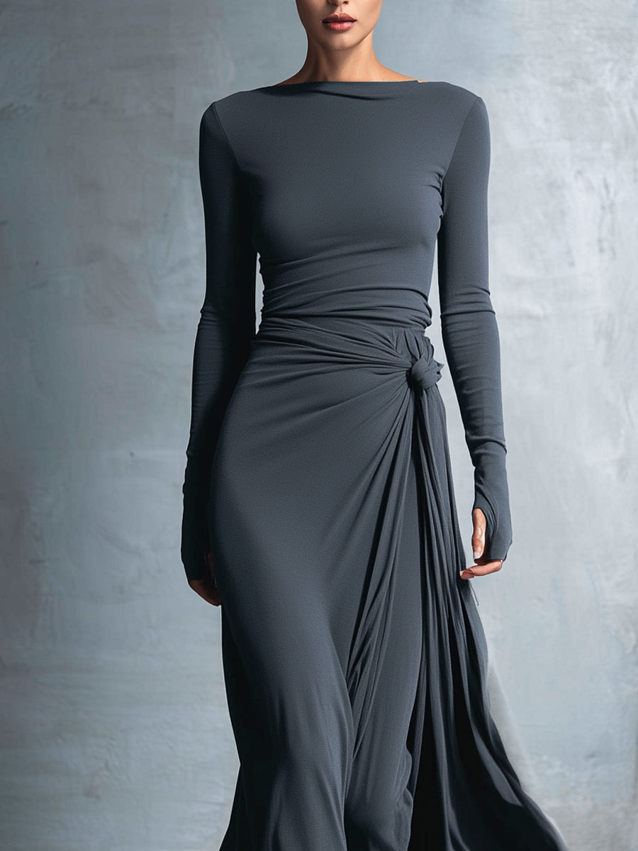 Vestido Cruzado Gris con Nudo