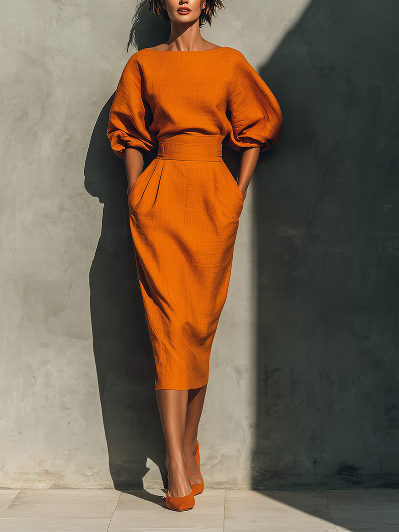 Conjunto Naranja de Top y Falda Midi
