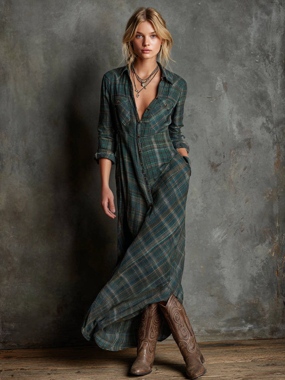 Vestido Maxi de Cuadros Verde