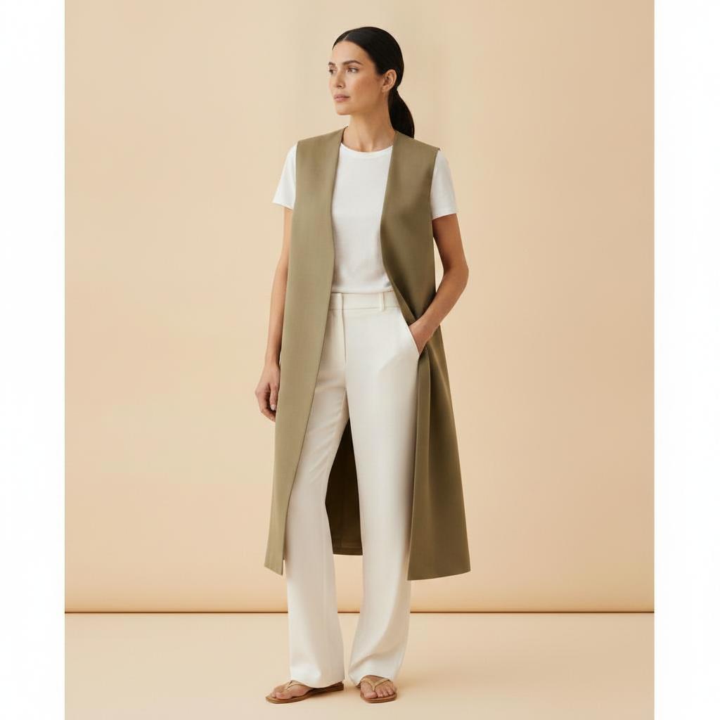 Conjunto con Chaleco Largo Caqui — detalle