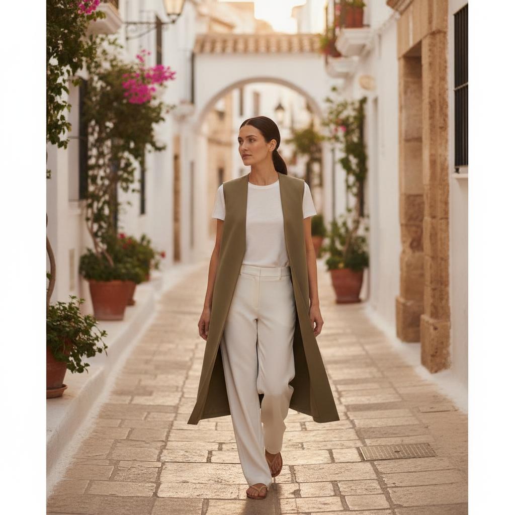 Conjunto con Chaleco Largo Caqui — look