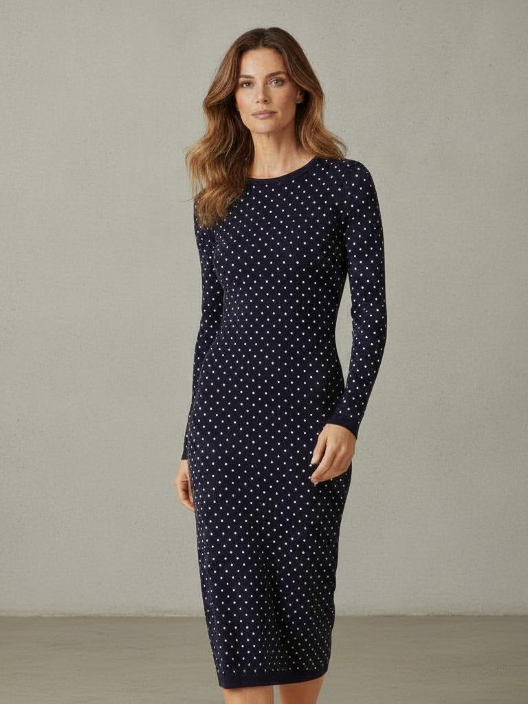 Vestido Ajustado de Lunares Azul Marino - detalle