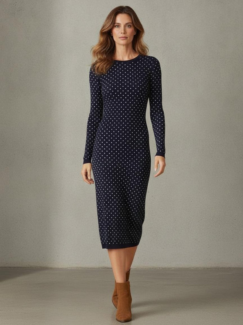 Vestido Ajustado de Lunares Azul Marino