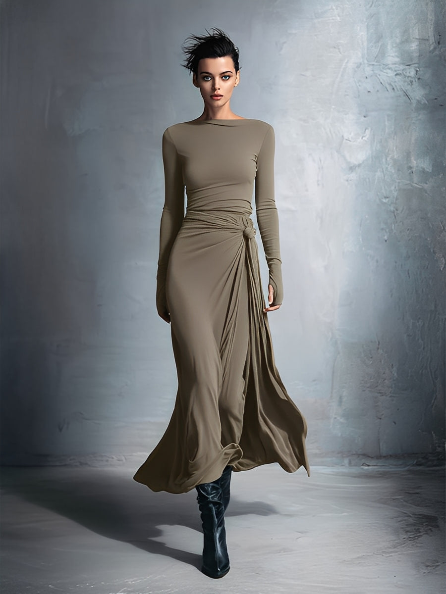 Vestido Cruzado Gris con Nudo — Caqui